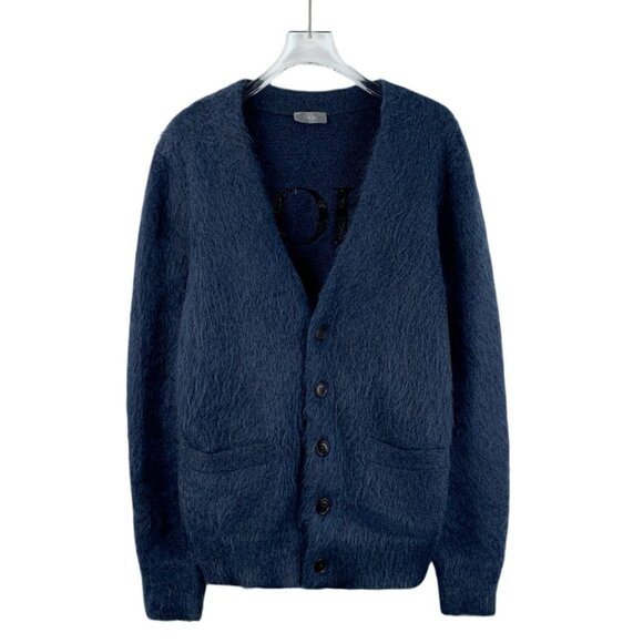 Christian Dior Dark Blue Mohair V-Neck Embroidered Long-Sleeve Knitted Cardigan - Picture 1 of 8